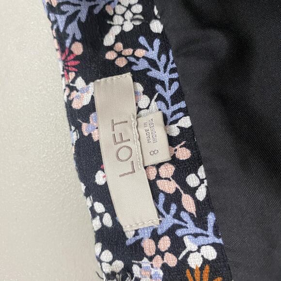 LOFT Skirt Womens 8 Black Dark Ditsy Floral Mini Pom Trim Pockets Retro Boho - Picture 9 of 11